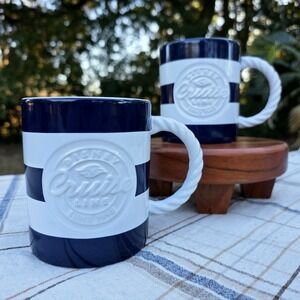 Set of Disney‎ Cruise Line Mugs Rope Handle Blue & White Strips 3D Design